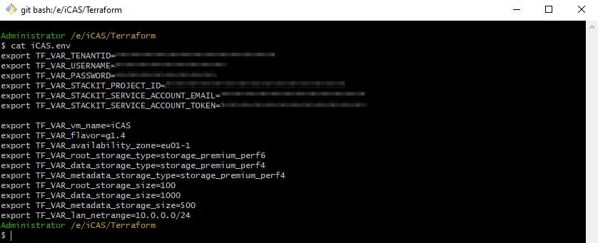 Screenshot of a Git Bash terminal window showing the output of the "cat iCAS.env" command. The file contains multiple environment variables defined via "export", including Terraform variable declarations for credential parameters like tenant ID, username, password, project ID, and service account keys, followed by VM infrastructure properties such as flavor, availability zone, storage options, and network range configurations.