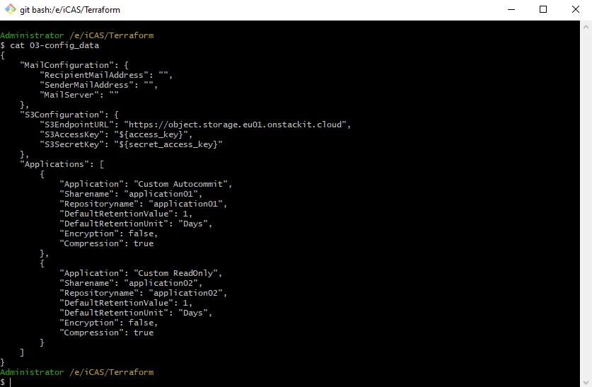 Screenshot of a Git Bash terminal window displaying the JSON configuration content of the "03-config_data" file using the "cat" command. The JSON structure includes nested objects for MailConfiguration, S3Configuration with predefined endpoint URL and variable keys, and an Applications block defining properties like share name, retention value, and compression for "Custom Autocommit" and "Custom ReadOnly" applications.