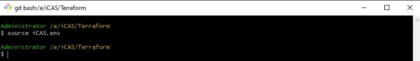 Screenshot of a Git Bash terminal window showing the execution of the command "source iCAS.env" at the path "/e/iCAS/Terraform". The command completes successfully without returning any terminal output, returning directly to the command prompt.