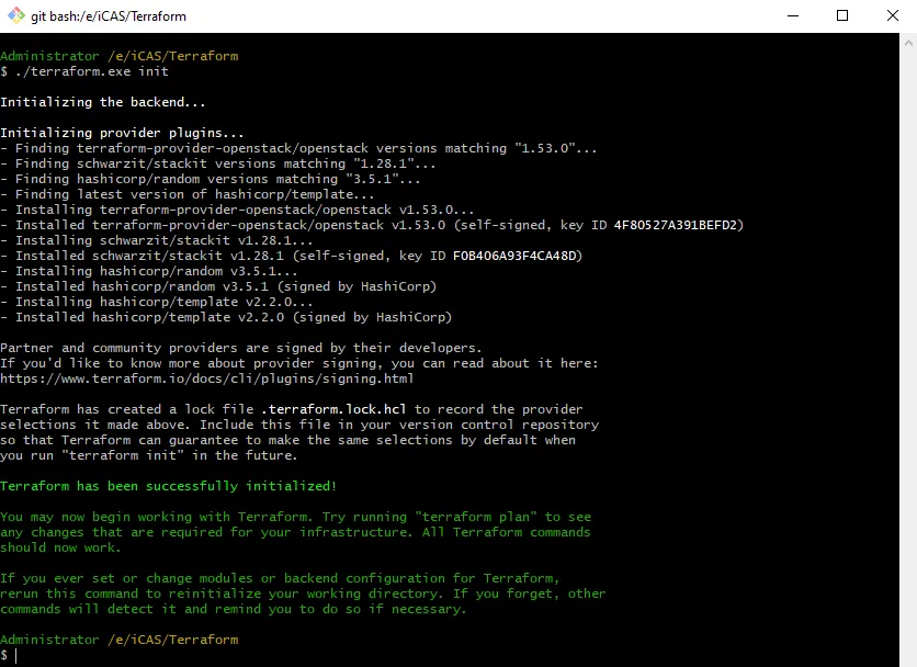 Screenshot of a Git Bash terminal window showing the output of the "./terraform.exe init" command. The terminal logs the initialization of the backend and the successful download and installation of provider plugins for OpenStack, STACKIT, HashiCorp Random, and HashiCorp Template. It concludes with a green confirmation message stating "Terraform has been successfully initialized!".