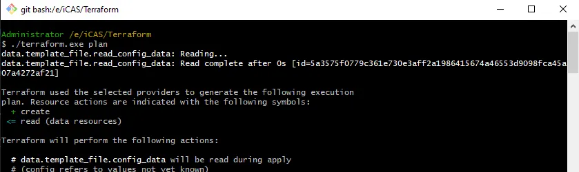 Screenshot of a Git Bash terminal window showing the initial output of the "./terraform.exe plan" command. The log shows a data template file being read successfully, followed by an explanation of the plan symbols, noting that "plus" indicates a create action and "less than" indicates a data resource read action.