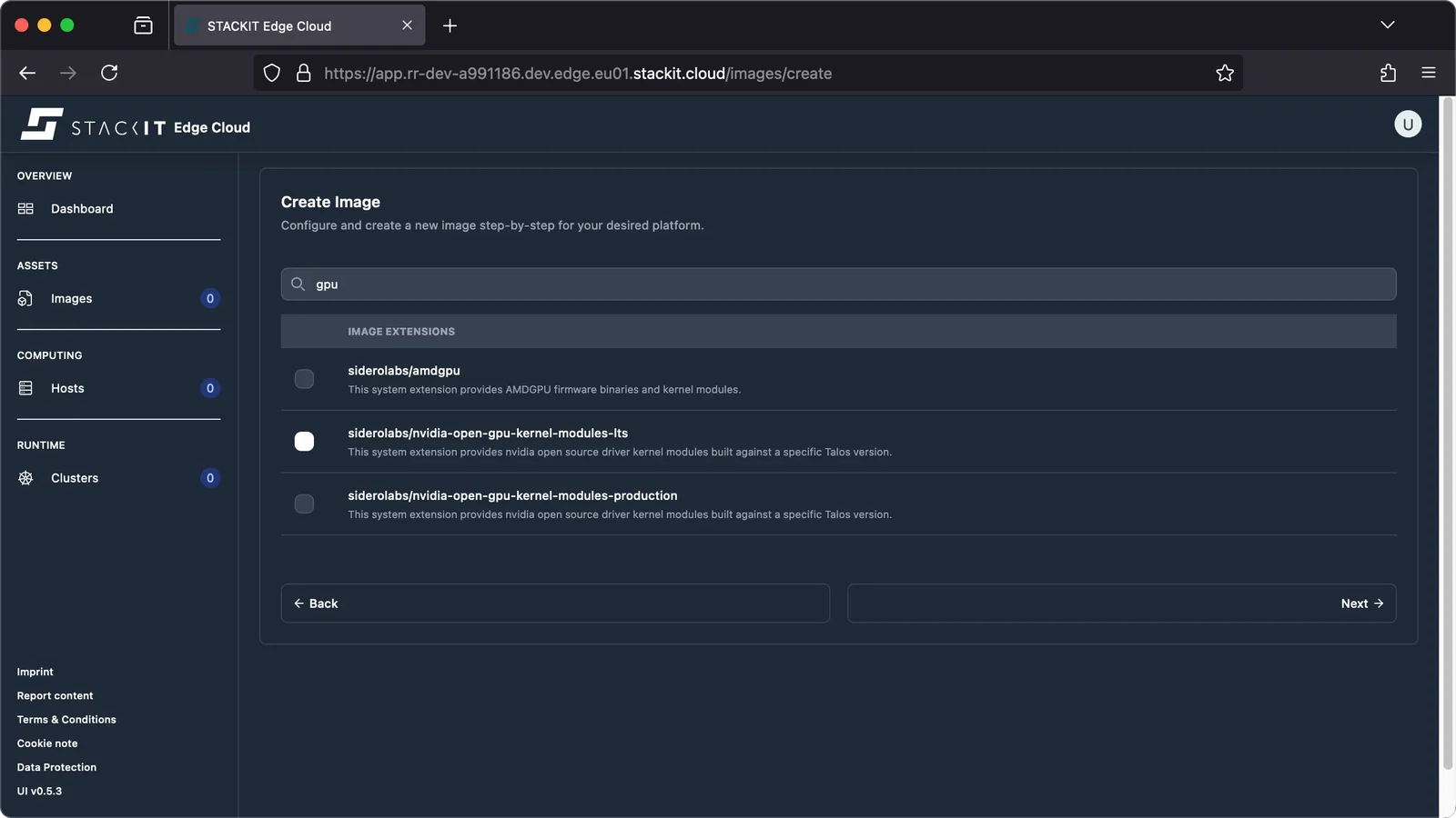 STACKIT Edge Cloud web interface, showing the Create Image form on the step for configuring Image Extensions. A search bar is pre-filled with gpu. The list below shows three image extension options: siderolabs/amdgpu, siderolabs/nvidia-open-gpu-kernel-modules-lts, and siderolabs/nvidia-open-gpu-kernel-modules-production, each with a description and a radio button for selection.