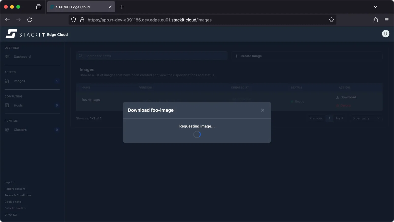 The modal window titled "Download image" displays a progress indicator that says "Requesting image...".