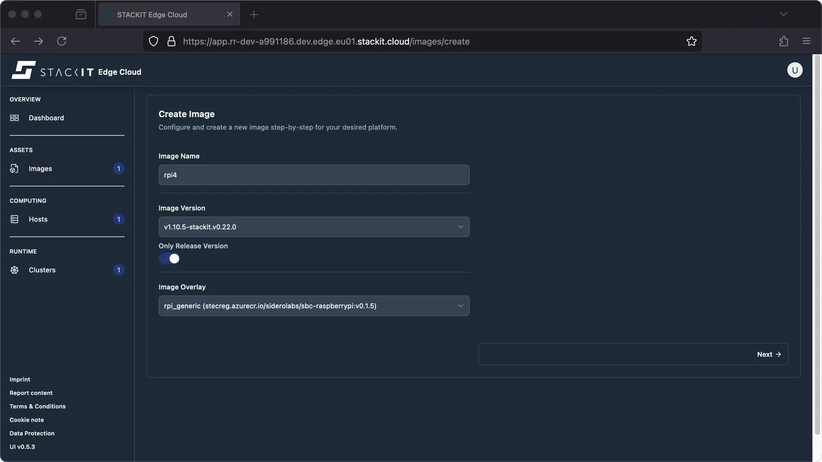 A screenshot from the STACKIT Edge Cloud web interface, showing the first step in the "Create Image" wizard.