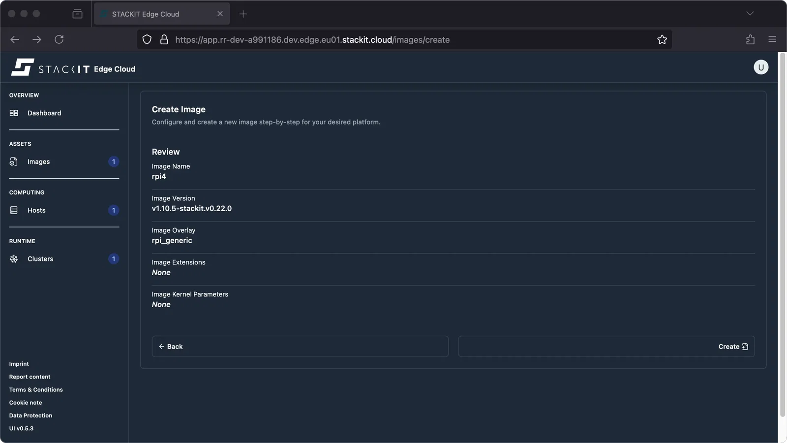 A screenshot from the STACKIT Edge Cloud web interface, showing the "Review" step of the "Create Image" wizard.