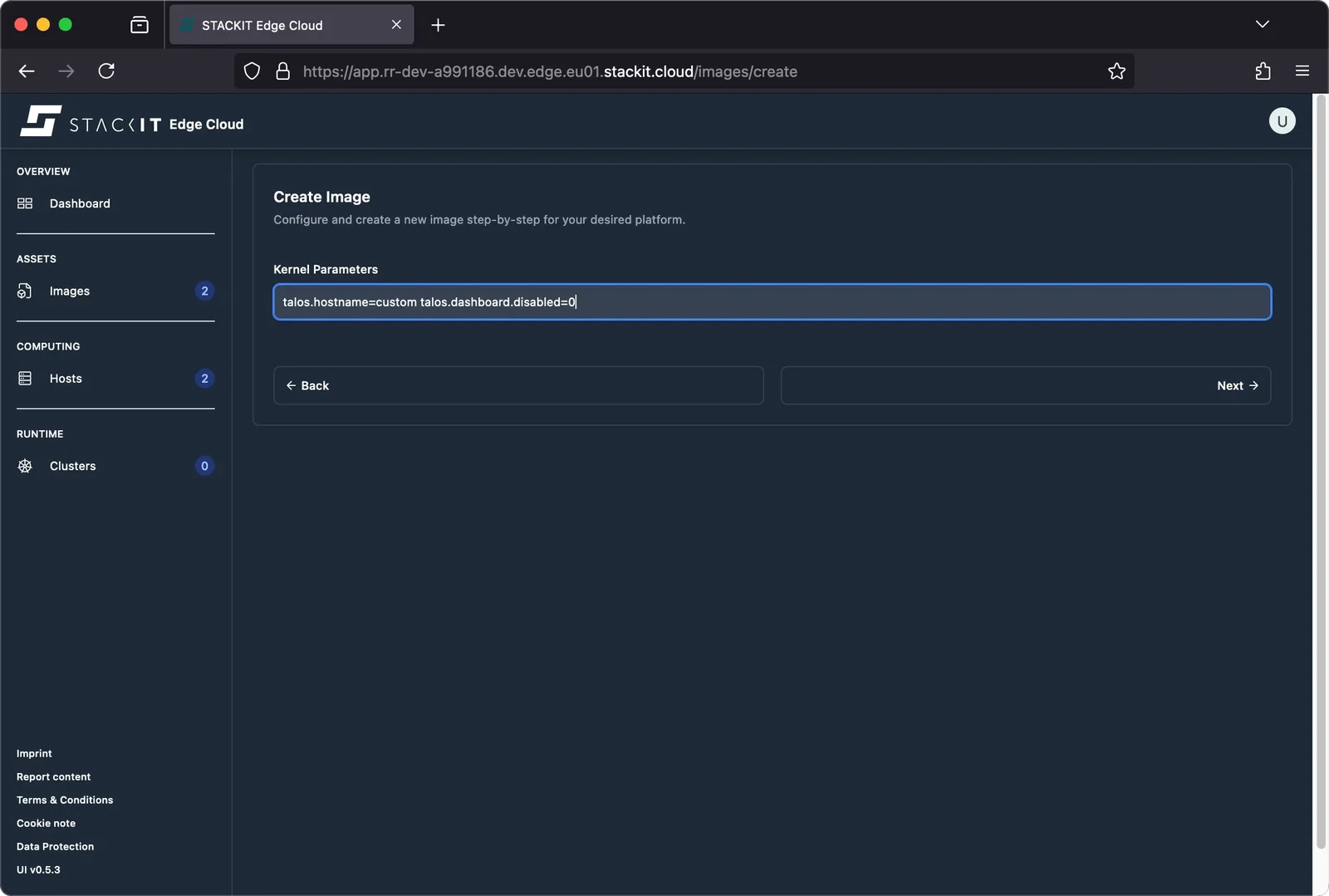 STACKIT Edge Cloud web interface, showing the 'Create Image' step for 'Kernel Parameters'.