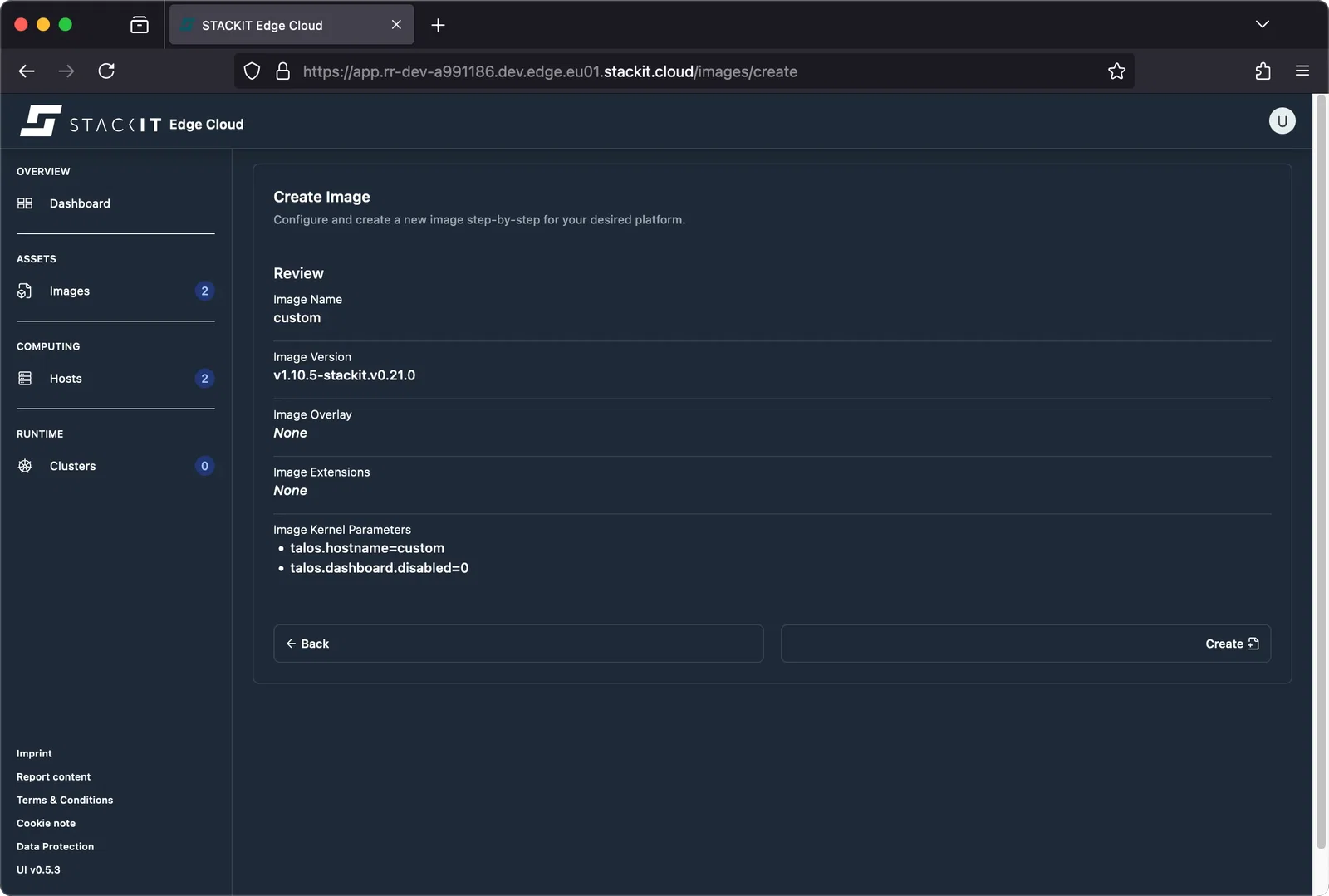 STACKIT Edge Cloud web interface, showing the 'Create Image' step for 'Review'.