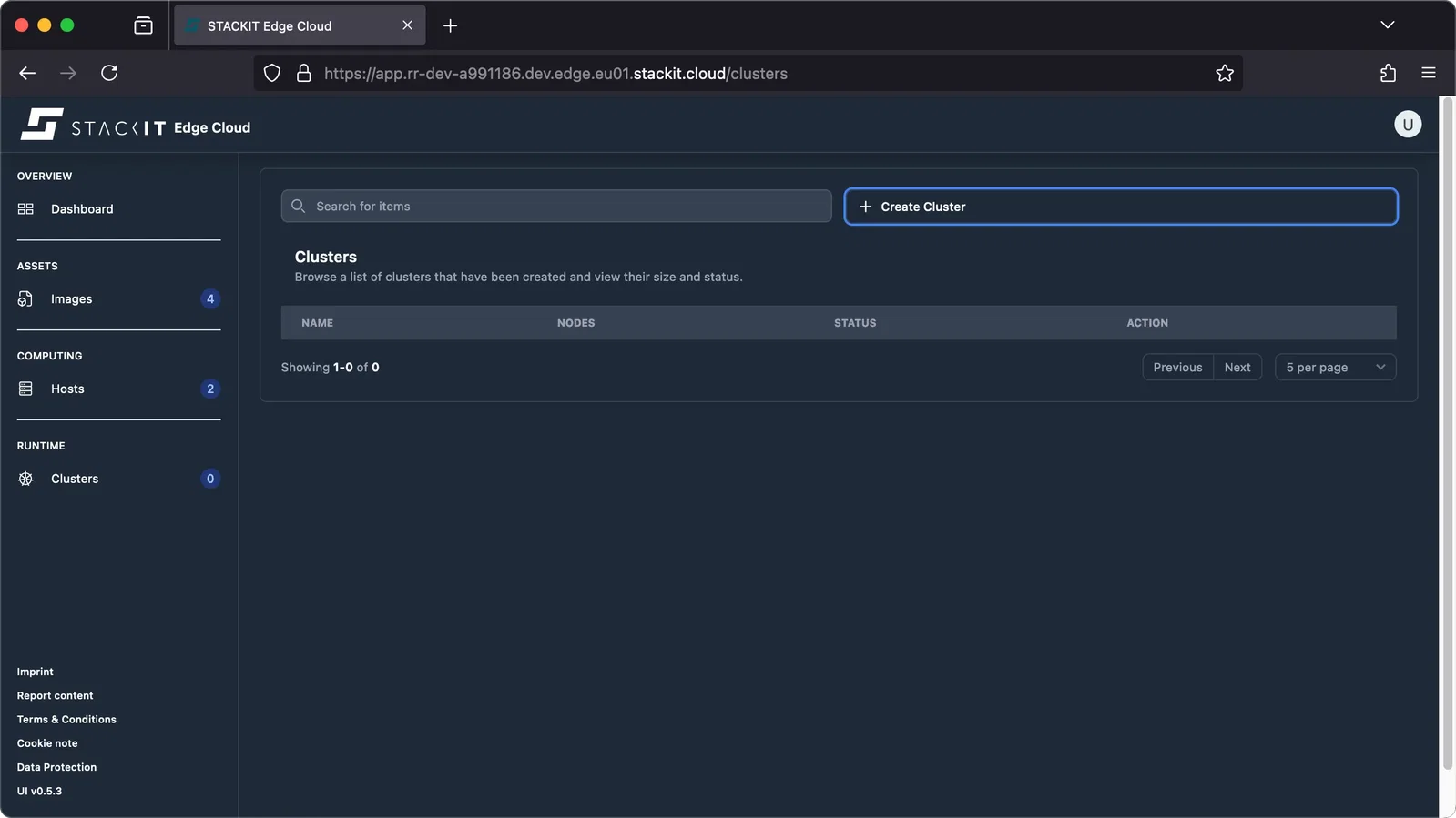 Screenshot of the STACKIT Edge Cloud web interface, showing the Clusters view.