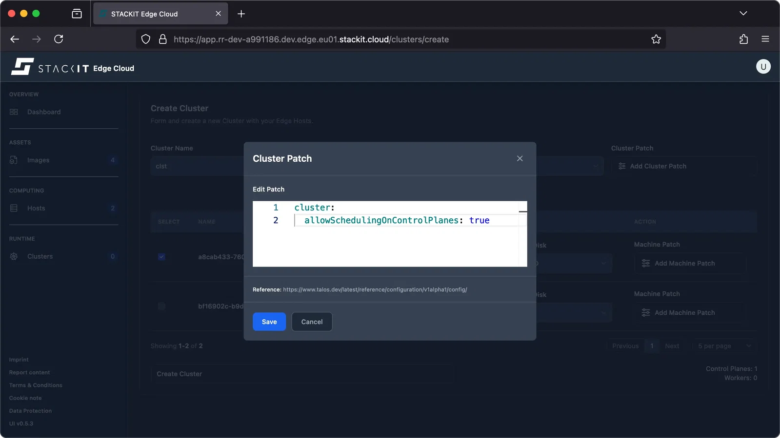 A screenshot of a web UI for STACKIT Edge Cloud on a "Create Cluster" page. A modal window titled Cluster Patch is overlaid on the page, allowing for editing cluster-wide configuration in YAML format.