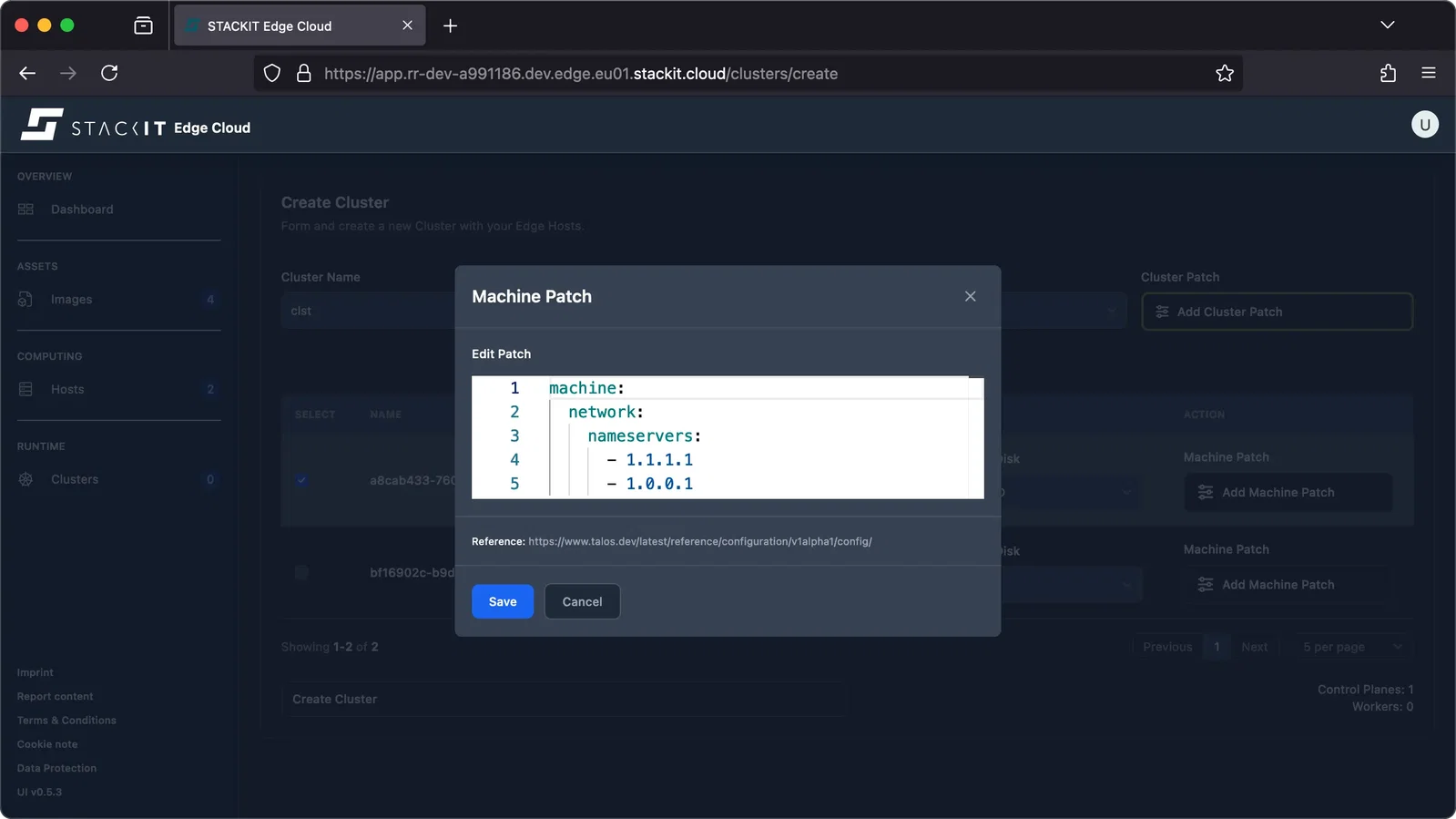 A screenshot of the STACKIT Edge Cloud "Create Cluster" page with the "Machine Patch" modal window open.