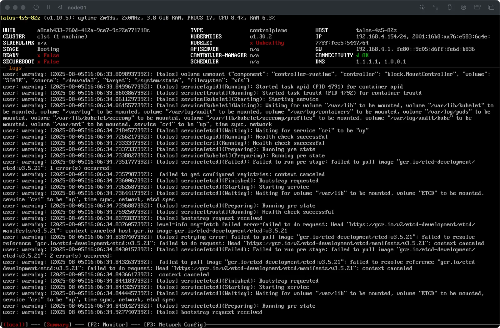 Console screenshot of a Kubernetes node (Talos OS) showing errors during image pulling.