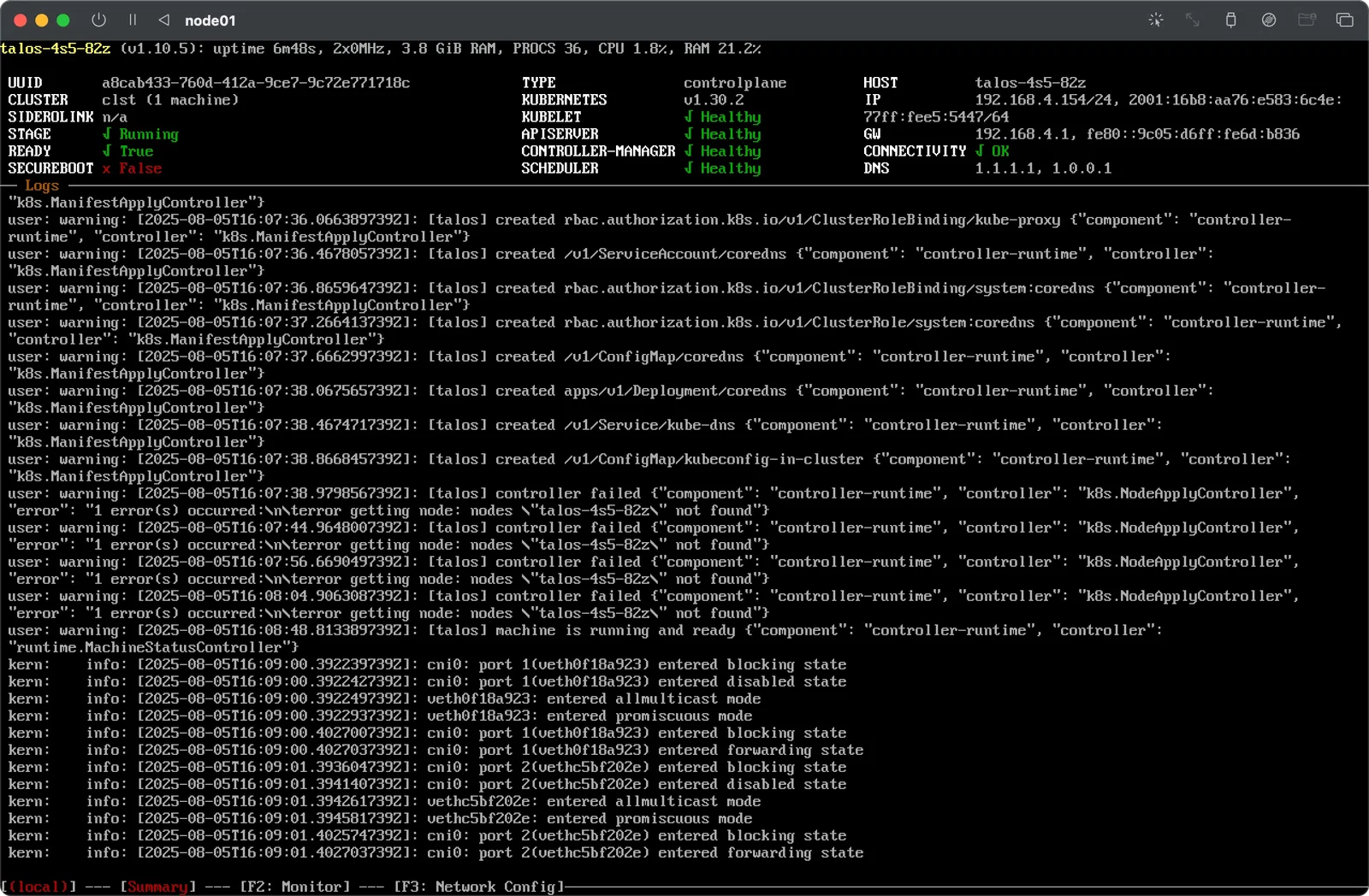 Console screenshot of a Kubernetes node (Talos OS) in running state, with most components (control plane, Kubelet, API-Server, Scheduler) reported as healthy.