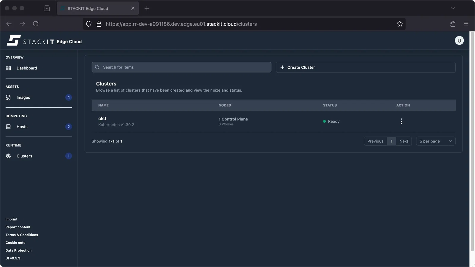 Screenshot of the STACKIT Edge Cloud web interface, now showing the Clusters view with a single cluster created.