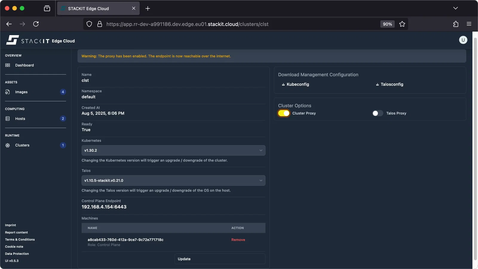 A screenshot of the STACKIT Edge Cloud web interface, showing the details page for a cluster.