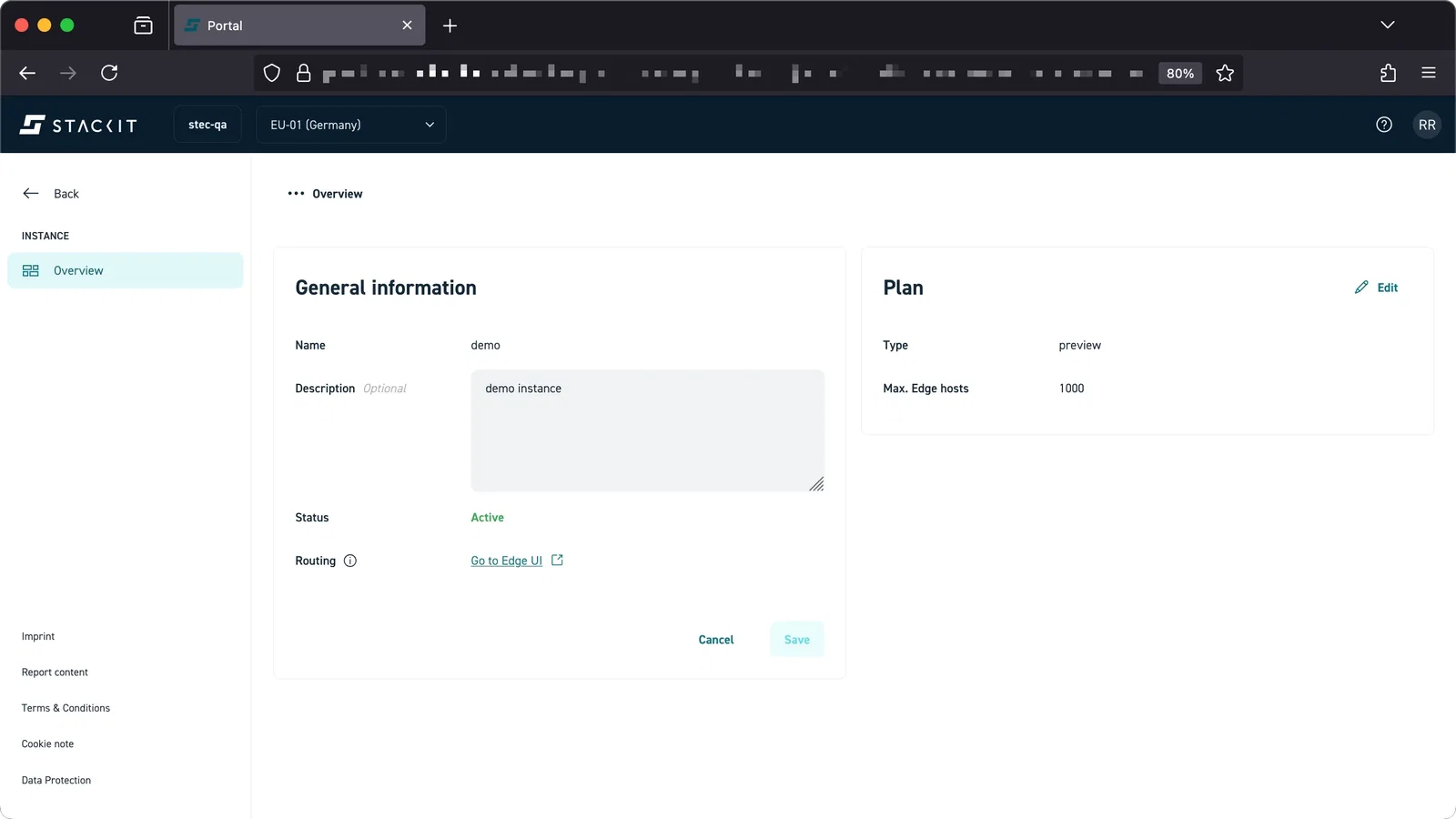 Screenshot showing the Overview page for an existing Edge Cloud instance named "demo." The General Information section shows the instance Name as "demo," Description as "demo instance," and Status as "Active." The Plan section on the right shows the Type as "preview" and Max. Edge hosts as "1000." Both the General Information and Plan sections have an "Edit" button.