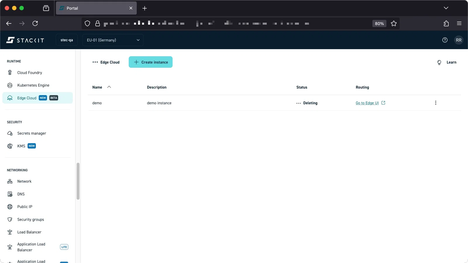 Screenshot of the Edge Cloud instance list. The instance named "demo" with description "demo instance" is visible. The Status column for this instance shows "... Deleting," indicating the instance is in the process of being removed.