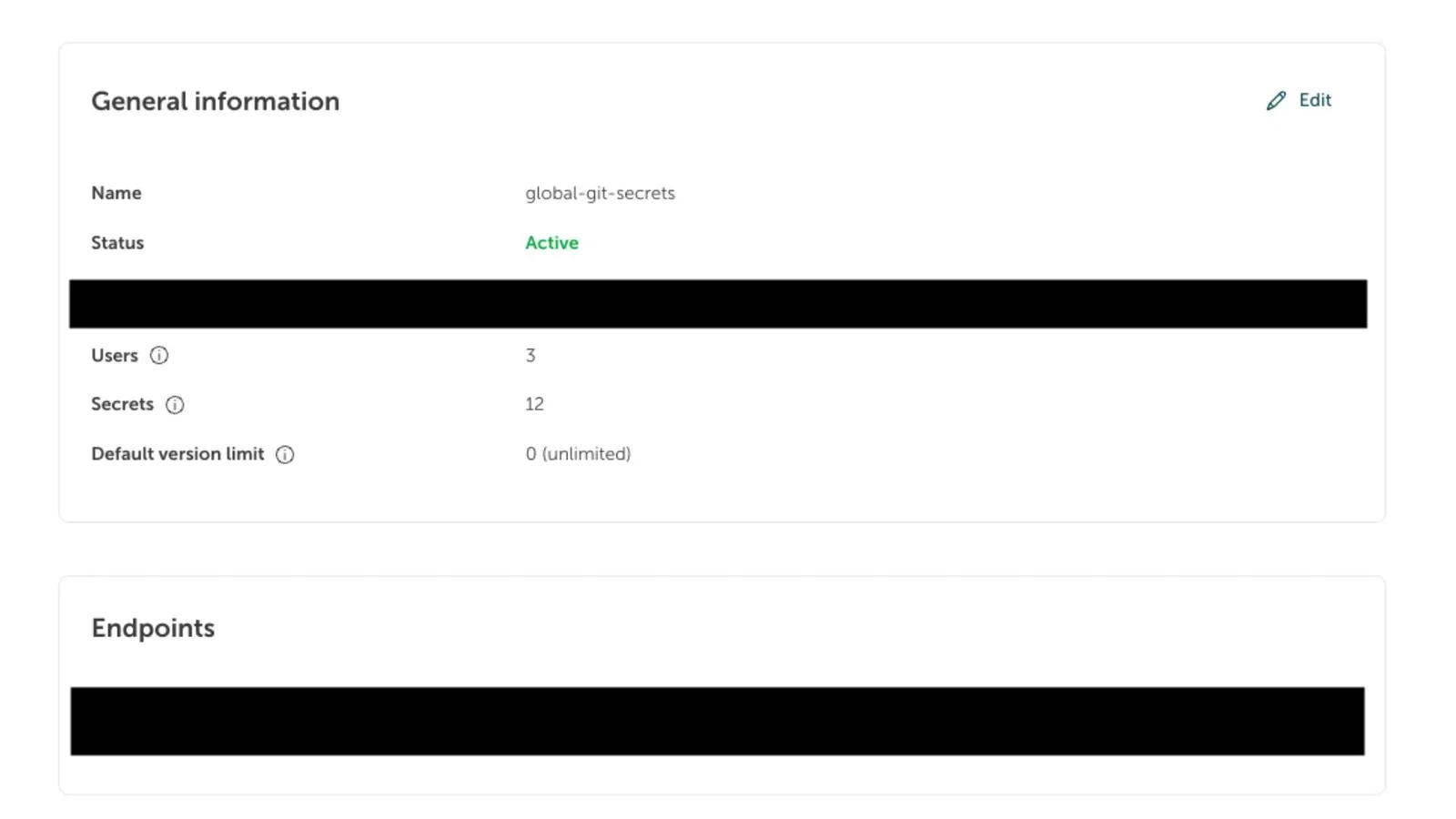 Screenshot of the STACKIT Portal interface showing instance details for a Secret Manager container. The upper card "General information" displays details such as the instance name "global-git-secrets", a green "Active" status, 3 users, 12 secrets, and a default version limit set to 0 (unlimited). The lower card is titled "Endpoints", with sensitive technical data like the instance UUID and URLs heavily redacted by solid black bars on both cards.