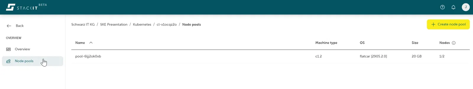 A screenshot of the STACKIT Kubernetes Engine (SKE) web interface, specifically the Node pools management page.