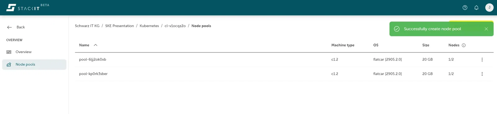 A screenshot of the STACKIT Kubernetes Engine (SKE) Node pools page after a successful creation operation.