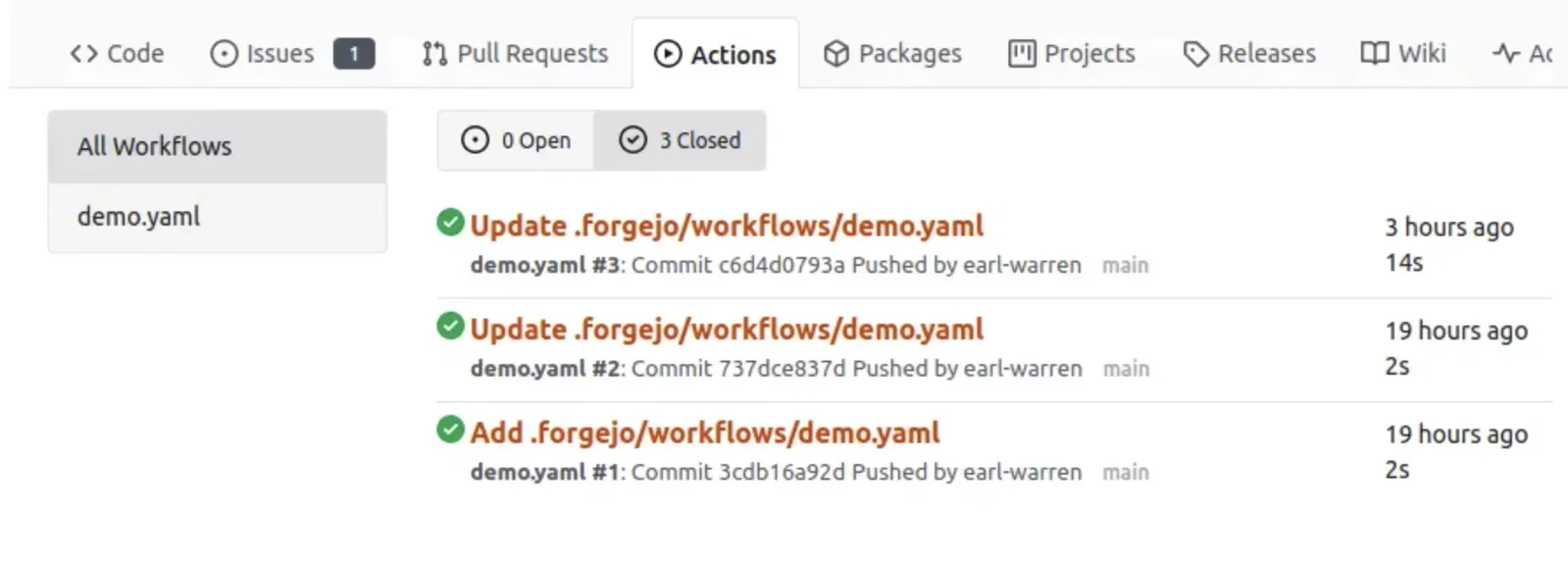 Screenshot of the "Actions" tab within the STACKIT Git web interface, showing the run history for the "demo.YAML" workflow. The list displays three successfully completed workflow executions with green checkmarks, detailed by execution time, job duration, commit hashes, and the author name. The left sidebar lists "All Workflows" and isolates the active "demo.YAML" file.