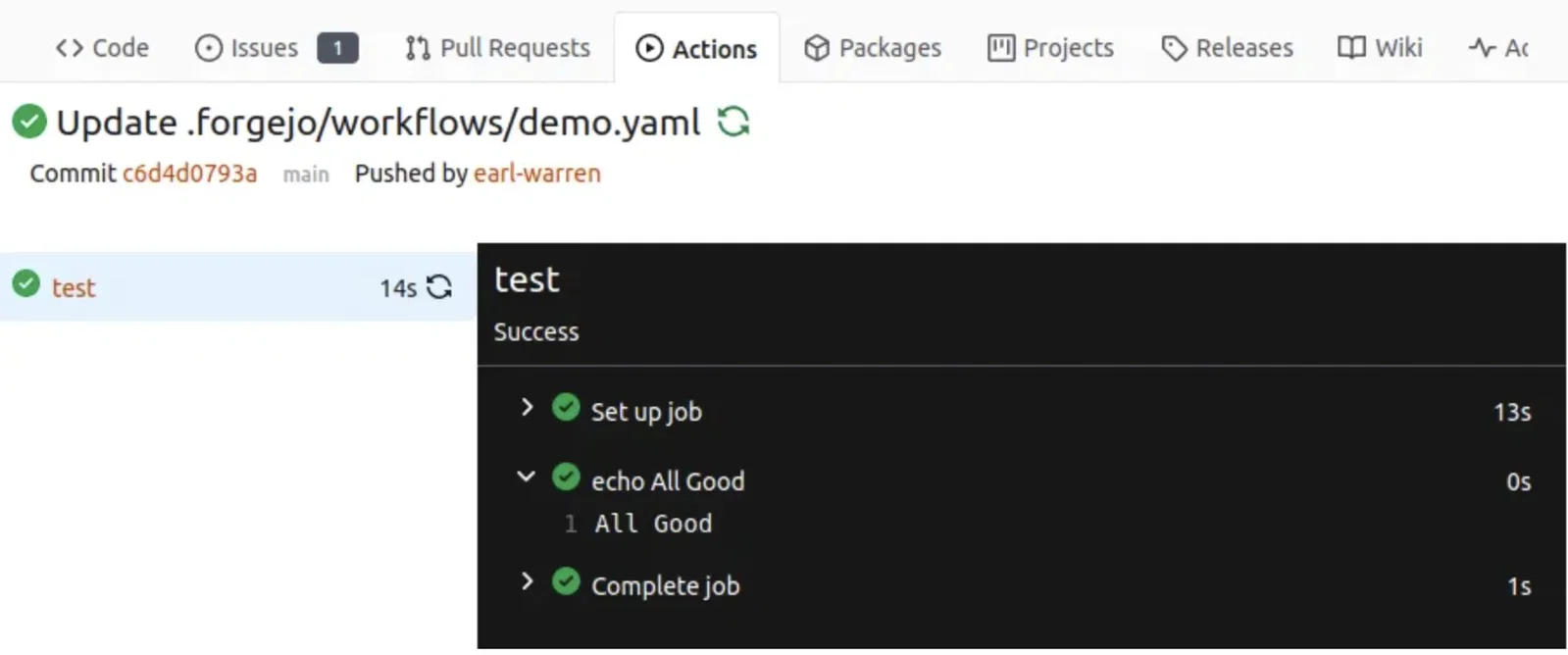 Screenshot of the detailed workflow log view in the STACKIT Git "Actions" tab. It shows the successful run logs for the "test" job triggered by the commit. The black console window on the right lists expanded execution steps with green checkmarks, including "Set up job", the custom command "echo All Good" outputting "All Good", and "Complete job".