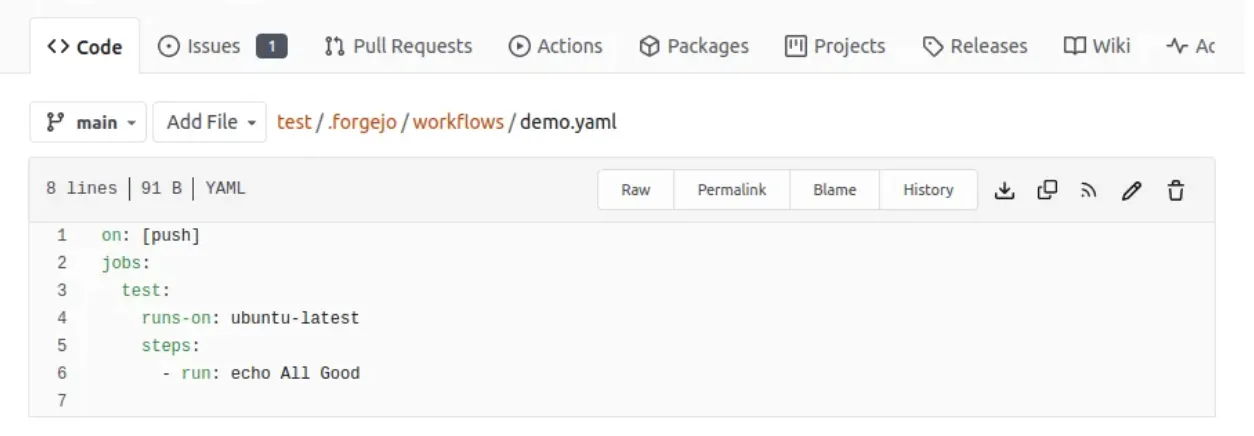 Screenshot of the built-in file viewer in STACKIT Git, displaying the contents of the workflow configuration file. The YAML code consists of 6 active lines: a "on: [push]" trigger, followed by a "test" job configuration configured with "runs-on: Ubuntu-latest" and a single execution step containing "- run: echo All Good".