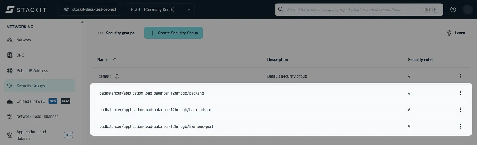 Several security groups associated with the ALB, as seen under the Security Groups view of the Portal.