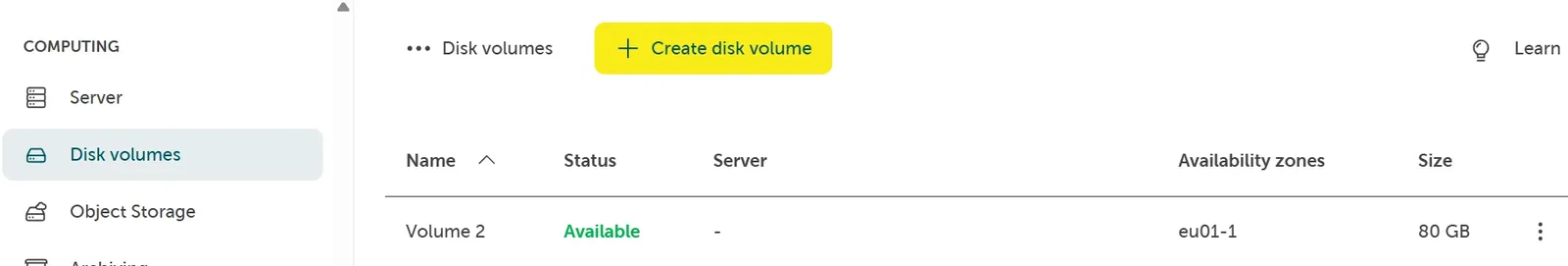 A screenshot showing navigating to Volumes on the left and then clicking on add volume on the upper right