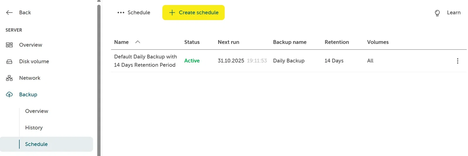 A screenshot showing the backup schedule overview page