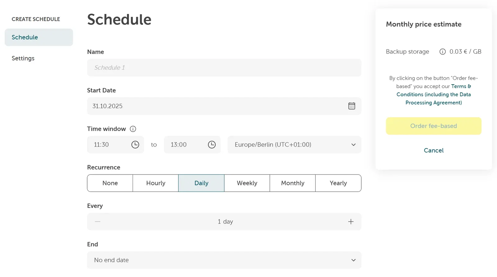 A screenshot showing the create schedule page