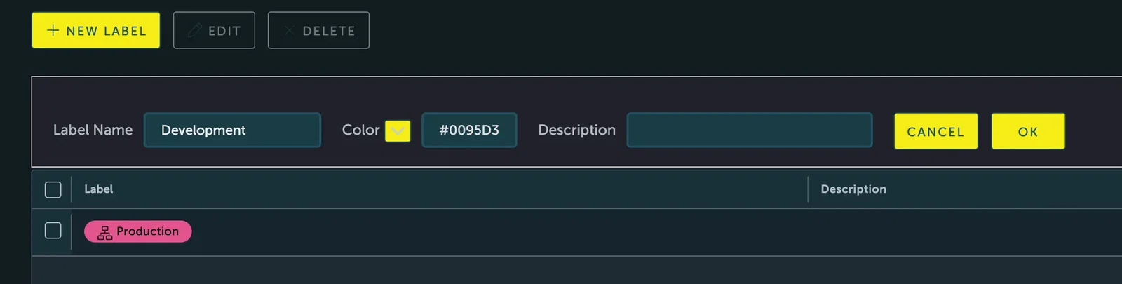 Screenshot of the label creation interface in the STACKIT Container Registry. The form is active, showing input fields for a Label Name set to "Development", a selected color hex code, and an empty Description box, alongside yellow "CANCEL" and "OK" buttons. Below the form, an existing pink label named "Production" is displayed in the list.