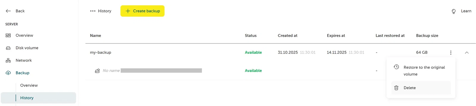 A screenshot showing the backup history, clicking on a backup and then on delete