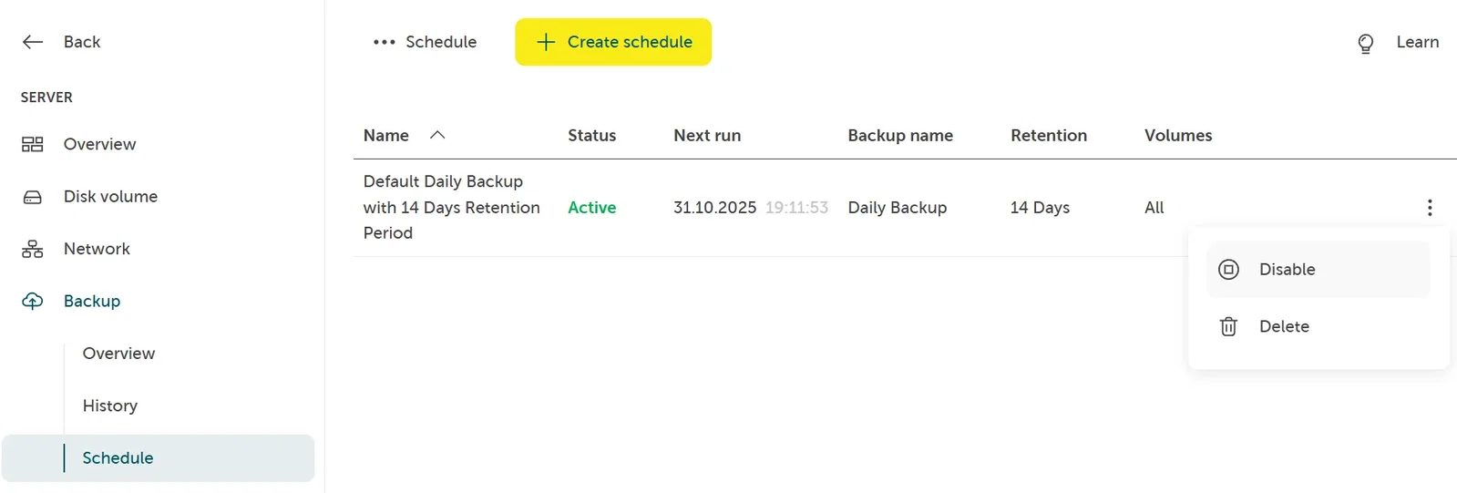 A screenshot showing navigating to the schedules list, clicking a schedule's context menu and selecting Disable.