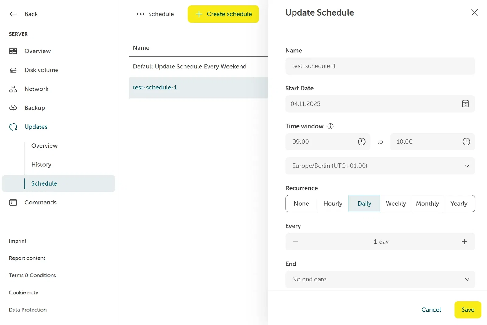 A screenshot showing navigating to servers, then updates, then schedules, then selecting a schedule by clicking on it and viewing the changeable data and the save button