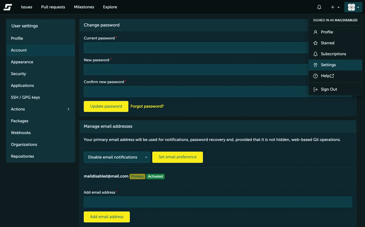 Screenshot of the STACKIT Git "User settings" page under the "Account" section. The interface features a profile dropdown menu open on the top right showing the user "MAILDISABLED" with "Settings" selected. The main view displays a "Change password" form and a "Manage email addresses" section containing an option dropdown menu currently set to "Disable email notifications", right next to a yellow "Set email preference" action button.