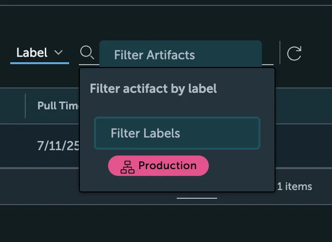 Close-up screenshot of the artifact filtering options in STACKIT Container Registry. A dropdown menu titled "Filter artifact by label" is open over the table columns, displaying a search box containing the placeholder text "Filter Labels" and showing a selectable pink label option named "Production" below it.