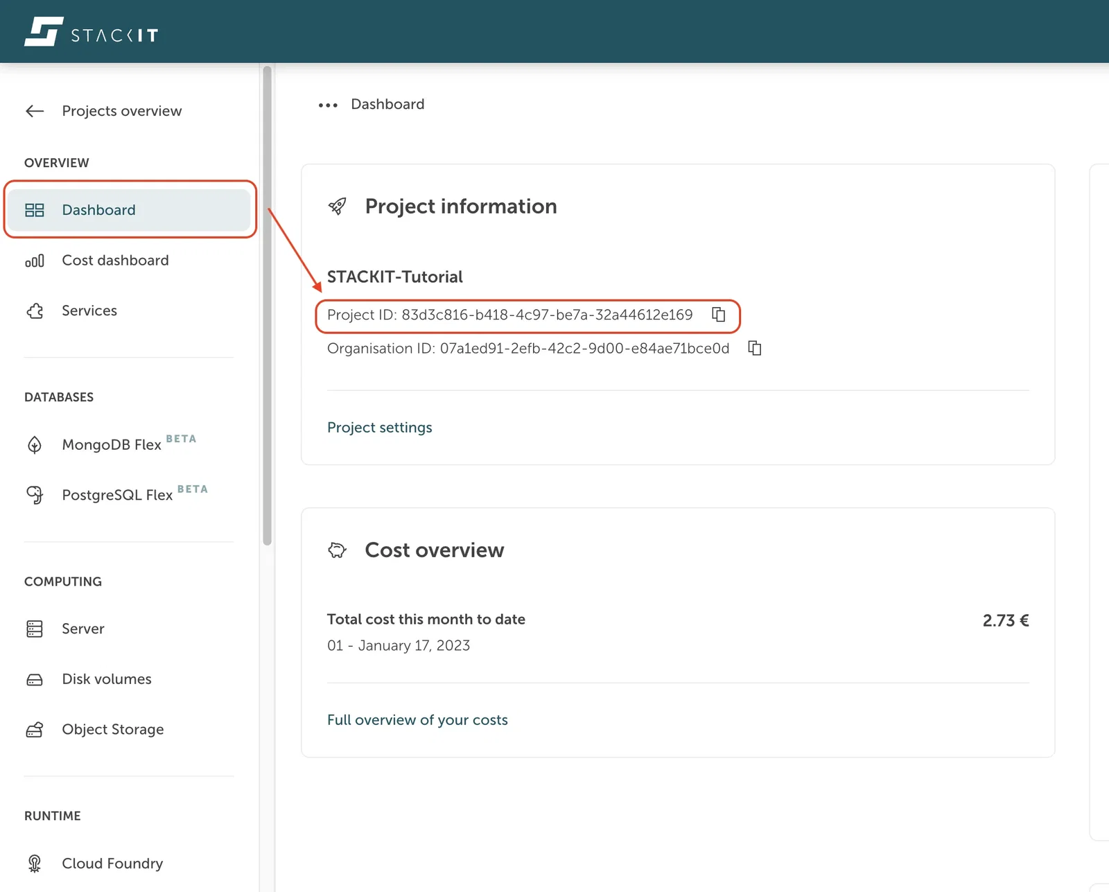Screenshot of the STACKIT Portal dashboard view. On the left sidebar menu under OVERVIEW, the "Dashboard" option is enclosed in a red box, with a red arrow pointing toward the main content area. In the center, under the "Project information" section for a project named "STACKIT-Tutorial", the "Project ID" value is highlighted inside another red box with a copy icon next to it.