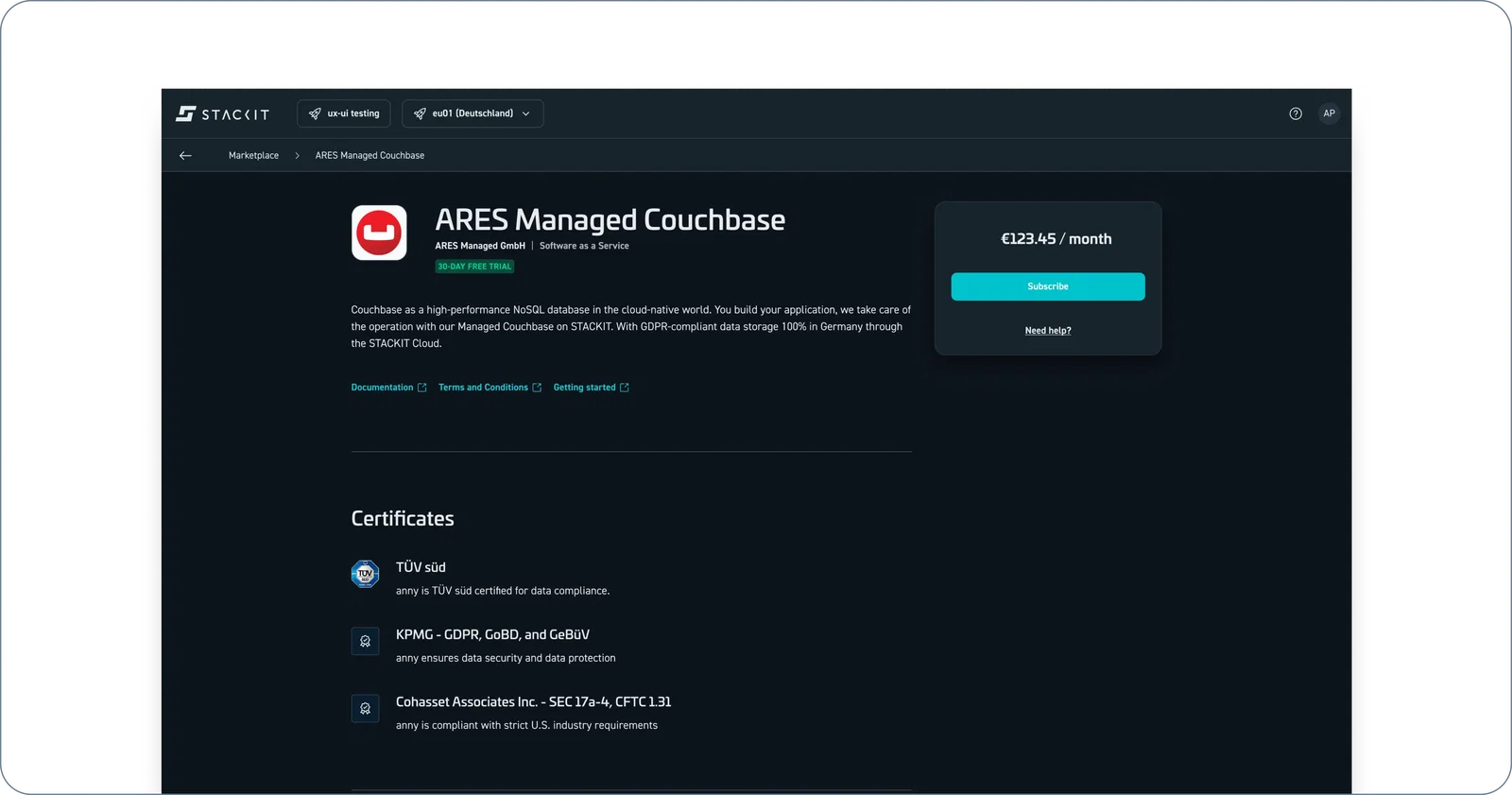 STACKIT Cloud Marketplace user interface displaying a specific product page. The main area highlights the product title. A floating card on the right states a pricing metric per month over a prominent bright blue "Subscribe" button and a "Need help?" link.