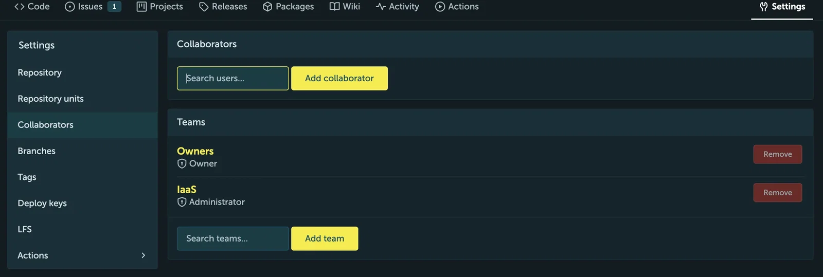 Screenshot of the "Collaborators" management page under the repository "Settings" tab in STACKIT Git. The view includes a section to add collaborators via a "Search users..." input field and a yellow "Add collaborator" button. Below, the "Teams" section lists currently assigned groups, including "Owners" with Owner permissions and "IaaS" with Administrator permissions, each accompanied by a red "Remove" button, and an input box to search and add new teams.