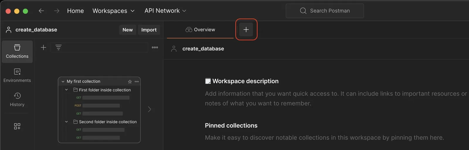 Screenshot of the Postman interface inside a newly created workspace named "create_database". In the top tab bar, right next to the "Overview" tab, the "+" (plus) icon button is highlighted with a red box to show how to create a new API request.