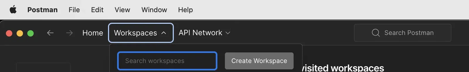 Screenshot of the top navigation bar in Postman on macOS. The "Workspaces" dropdown menu option is selected and outlined with a light blue box. Below it, an open dropdown panel displays a "Search workspaces" input field with a gray button labeled "Create Workspace".