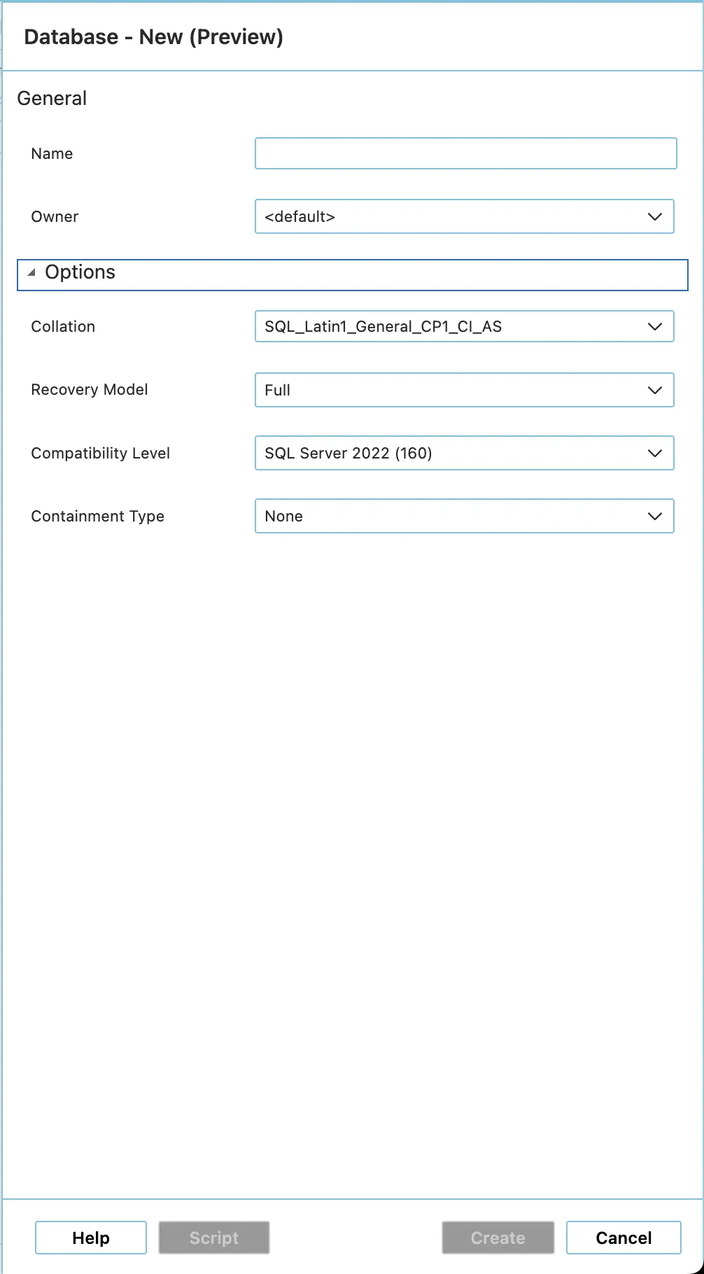 Screenshot of the "Database - New (Preview)" configuration dialog in Azure Data Studio. Under the General section, it displays an empty input field for "Name" and a dropdown menu set to "default" for "Owner". Below an expanded "Options" toggle, multiple dropdown menus are visible, preconfigured with "SQL_Latin1_General_CP1_CI_AS" for Collation, "Full" for Recovery Model, "SQL Server 2022 (160)" for Compatibility Level, and "None" for Containment Type.