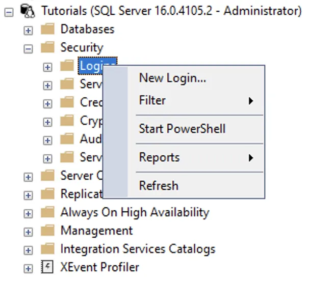 Screenshot of the Object Explorer in SQL Server Management Studio (SSMS). Under the server node "Tutorials", the "Security" folder is expanded, and a right-click context menu is open on the "Logins" folder, showing options such as "New Login...", "Filter", "Start PowerShell", "Reports", and "Refresh".