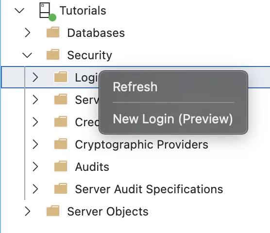 Screenshot of the Connections sidebar menu in Azure Data Studio. Under the server connection "Tutorials", the "Security" directory is expanded, and a right-click context menu is active over the "Logins" folder, showing the options "Refresh" and "New Login (Preview)".