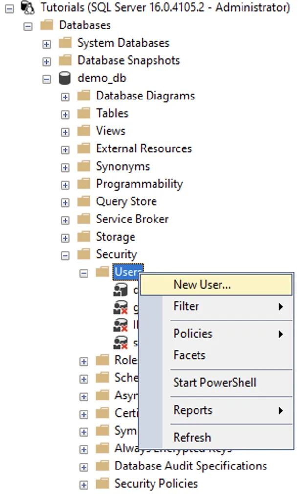 Screenshot of the Object Explorer in SQL Server Management Studio (SSMS). Under the server instance "Tutorials", the "Databases" folder and a specific database named "demo_db" are expanded. Inside the database directory, the "Security" folder is open, and a right-click context menu is active on the "Users" folder, displaying choices such as "New User...", "Filter", "Policies", "Facets", "Start PowerShell", "Reports", and "Refresh".