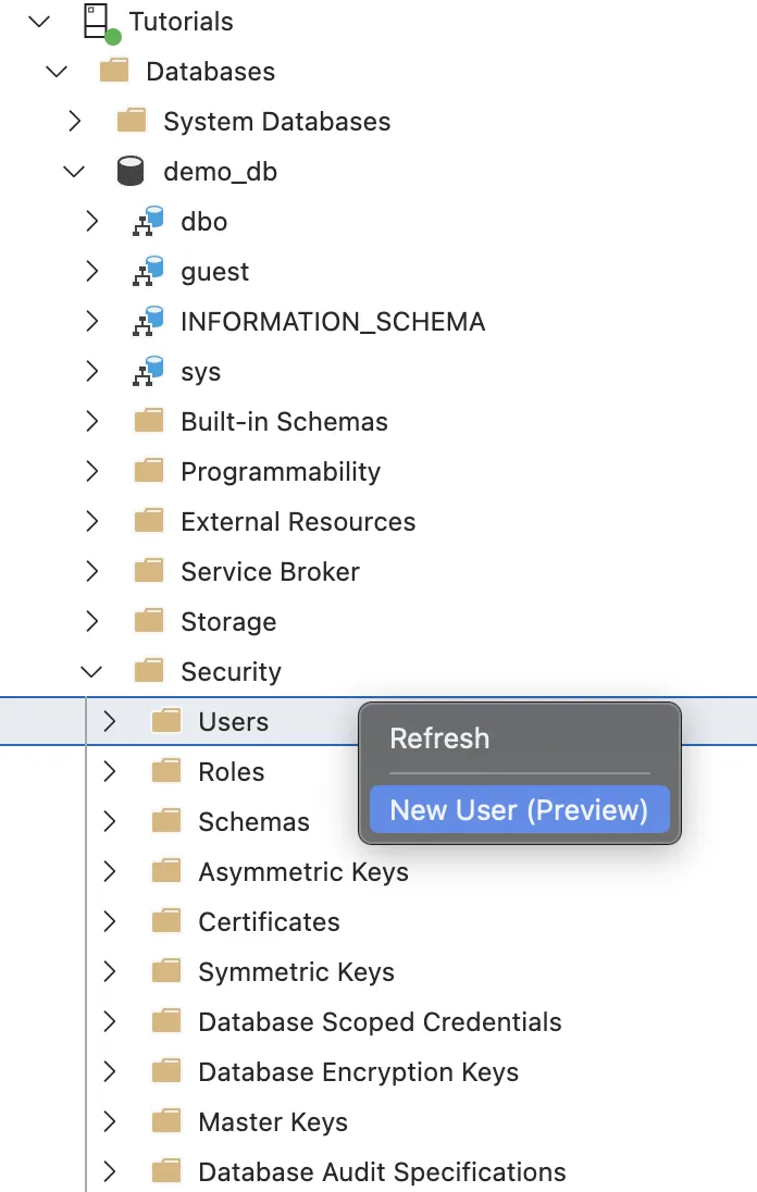 Screenshot of the Connections tree view in Azure Data Studio. Under the server connection "Tutorials", the "Databases" folder and a specific database named "demo_db" are expanded. Inside the "Security" directory, a right-click context menu is active on the "Users" folder, with the "New User (Preview)" option highlighted alongside "Refresh".