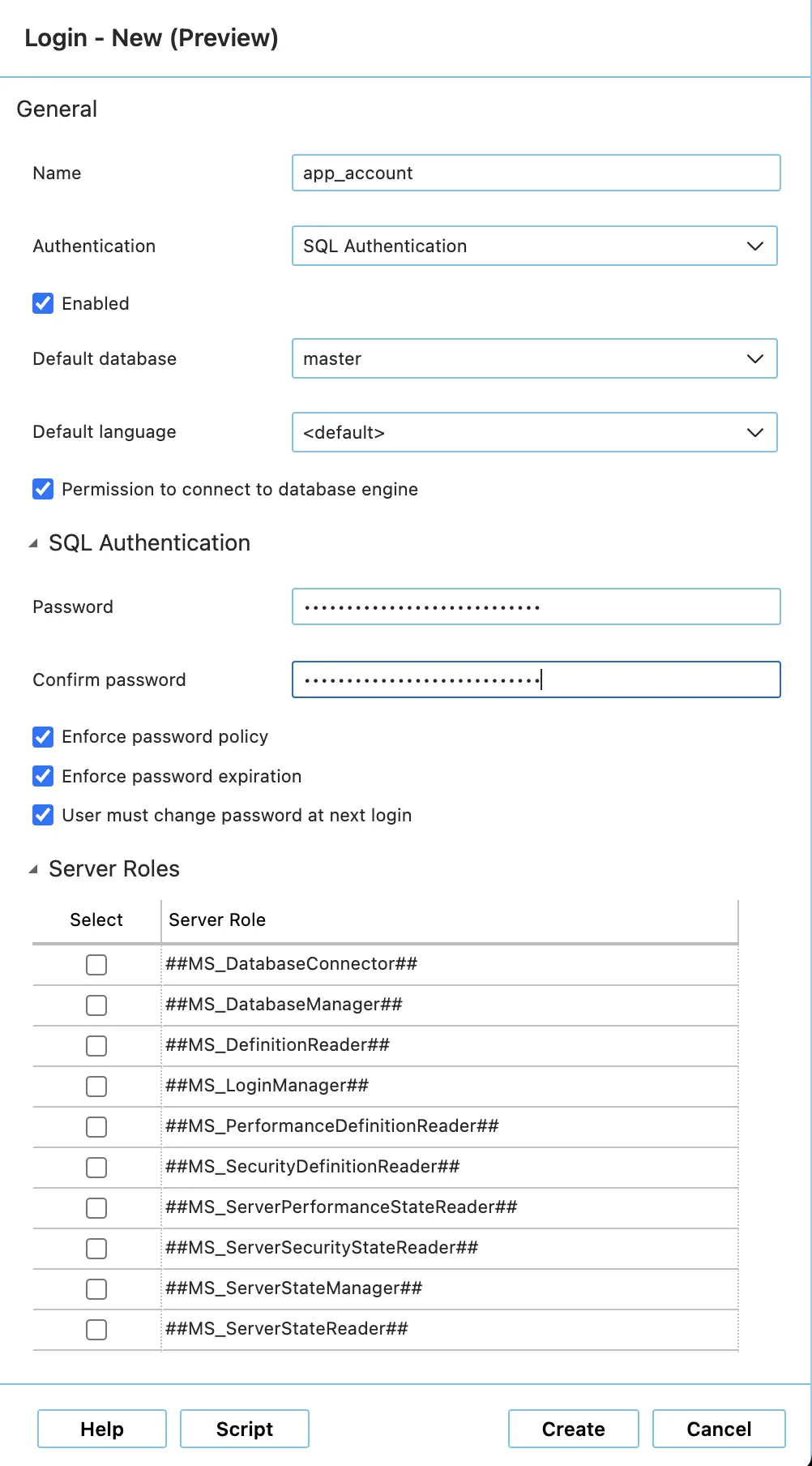 Screenshot of the "Login - New (Preview)" configuration window in Azure Data Studio. The form fields under the "General" section are populated with the login name "app_account" and the authentication type set to "SQL Authentication". Under the "Server Roles" table section below, several specific custom database and server role checkboxes are displayed unselected.