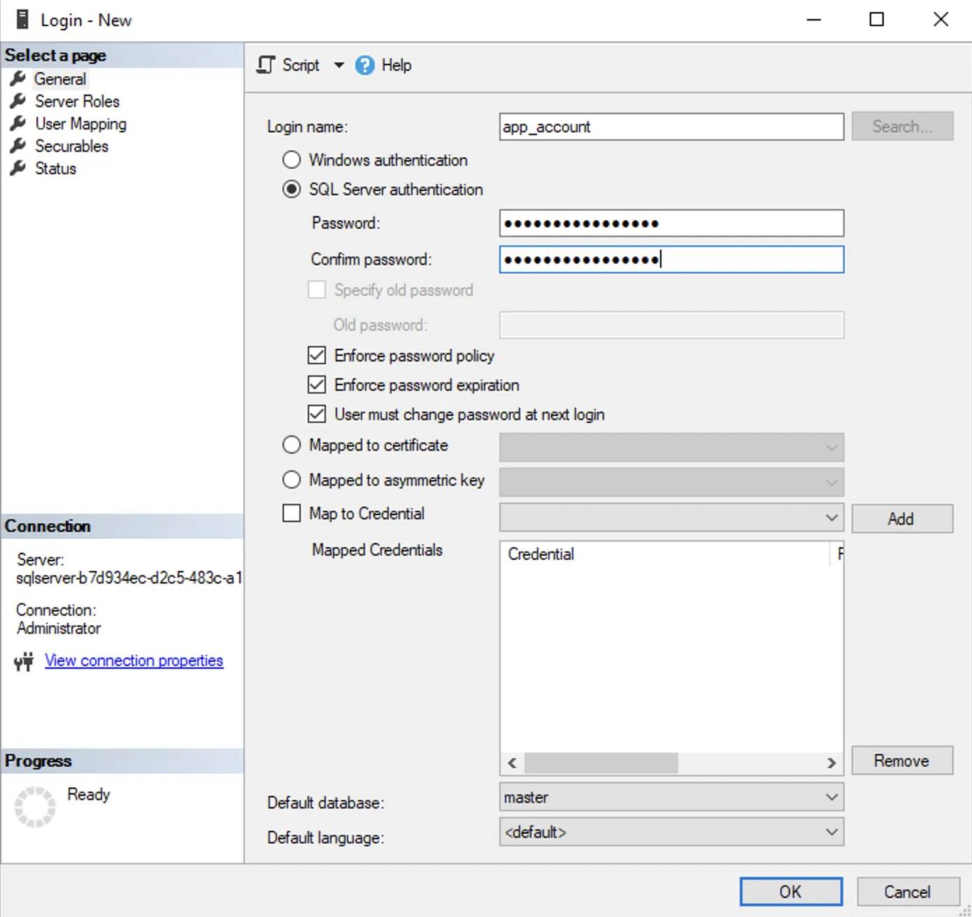 Screenshot of the "Login - New" configuration dialog in SQL Server Management Studio (SSMS). On the left panel under "Select a page", the "General" tab is selected. The main pane displays credentials for a new login name set to "app_account" with "SQL Server authentication" enabled, filled password fields, and various password enforcement options checked.