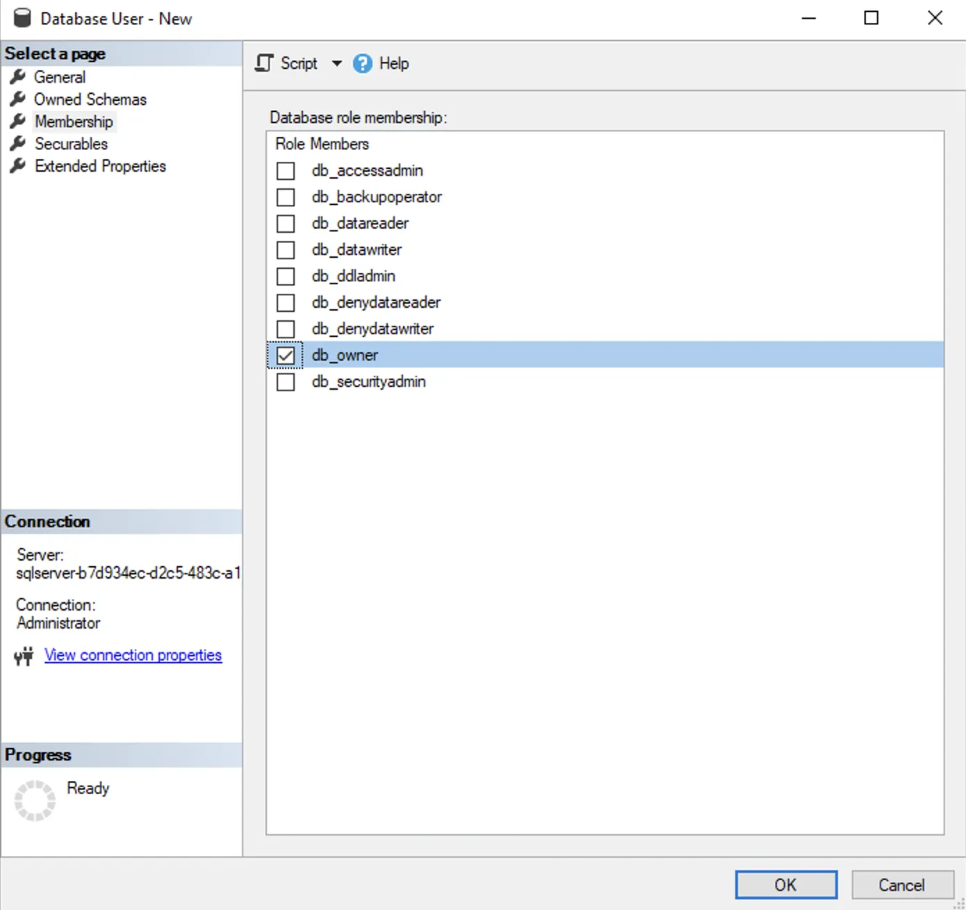 Screenshot of the "Database User - New" configuration window in SQL Server Management Studio (SSMS). On the left panel, the "Membership" page is selected. The main pane displays a list of database role memberships, where the checkbox for the "db_owner" role is checked and highlighted.