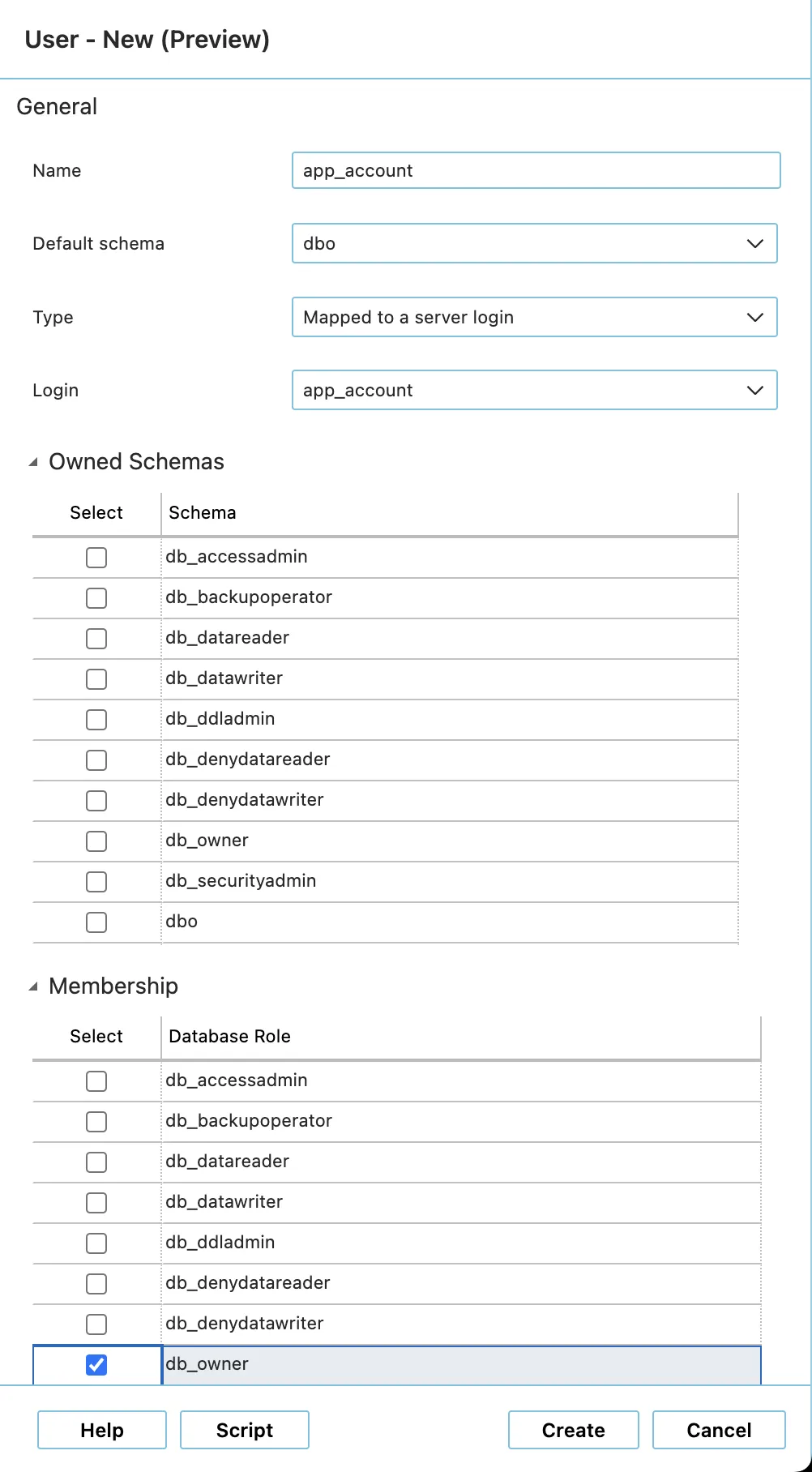 Screenshot of the "User - New (Preview)" configuration window in Azure Data Studio. Under the "General" section, form fields are filled out with the name "app_account", default schema "dbo", user type "Mapped to a server login", and server login "app_account". In the bottom "Membership" table section, the database role checkbox for "db_owner" is checked and highlighted.
